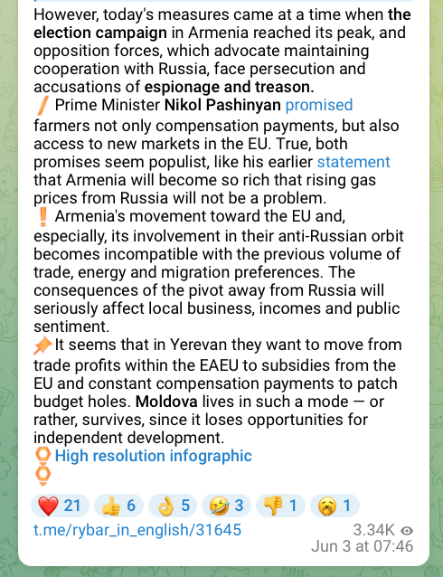 Telegram Post identified by EdgeTheory NARINT. Armenia faces geoeconomic fallout for its pro-EU/US political shift, which clashes with its continued EAEU/Russia market reliance. Russian import bans on Armenian products, affecting key exports, coincide with elections. This pivot risks economic disruption, as Armenia aligns with EU standards while benefiting from Russian market access.