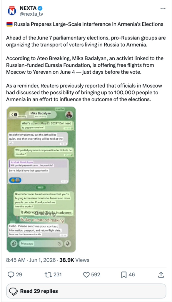 X post sourced from EdgeTheory’s NARINT platform identifying allegations of Russian-backed efforts to mobilize Armenia-based voters living in Russia ahead of the election.