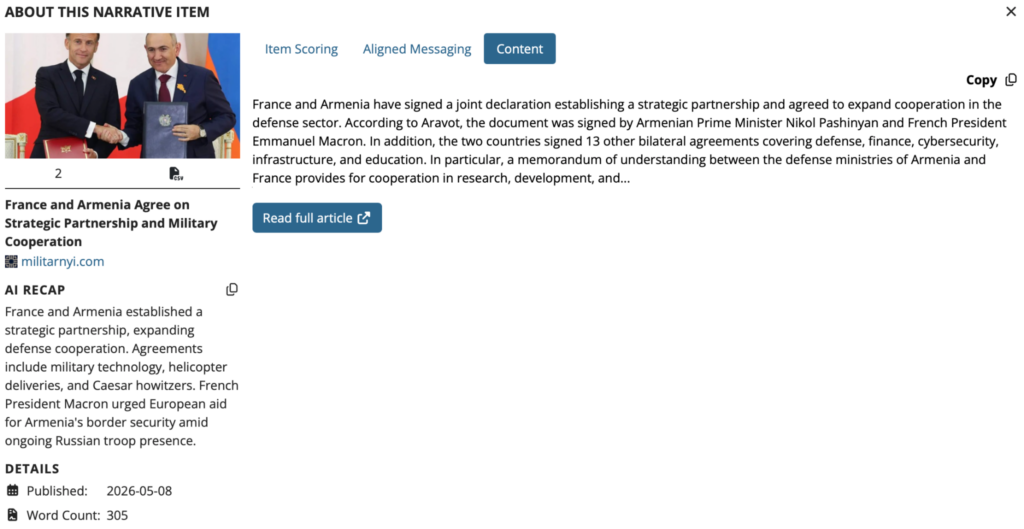 EdgeTheory’s NARINT platform: Identifying allegations of Russian-backed efforts to mobilize Armenia-based voters living in Russia ahead of the election.
