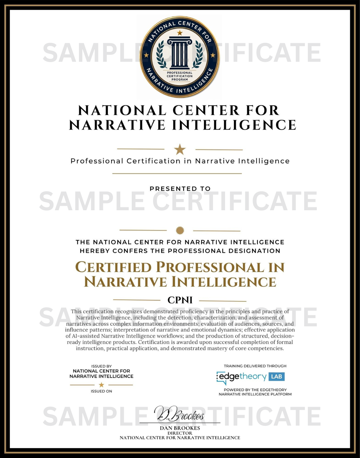 SAMPLE CERTIFICATE - NATIONAL CENTER FOR NARRATIVE INTELLIGENCE